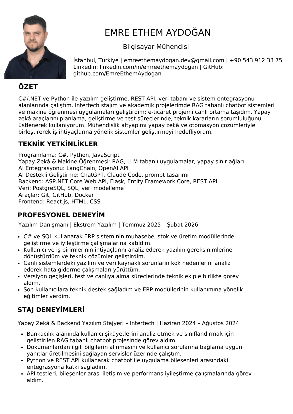 Özgeçmişin ilk sayfası: özet, teknik yetkinlikler, profesyonel deneyim ve staj deneyimleri.